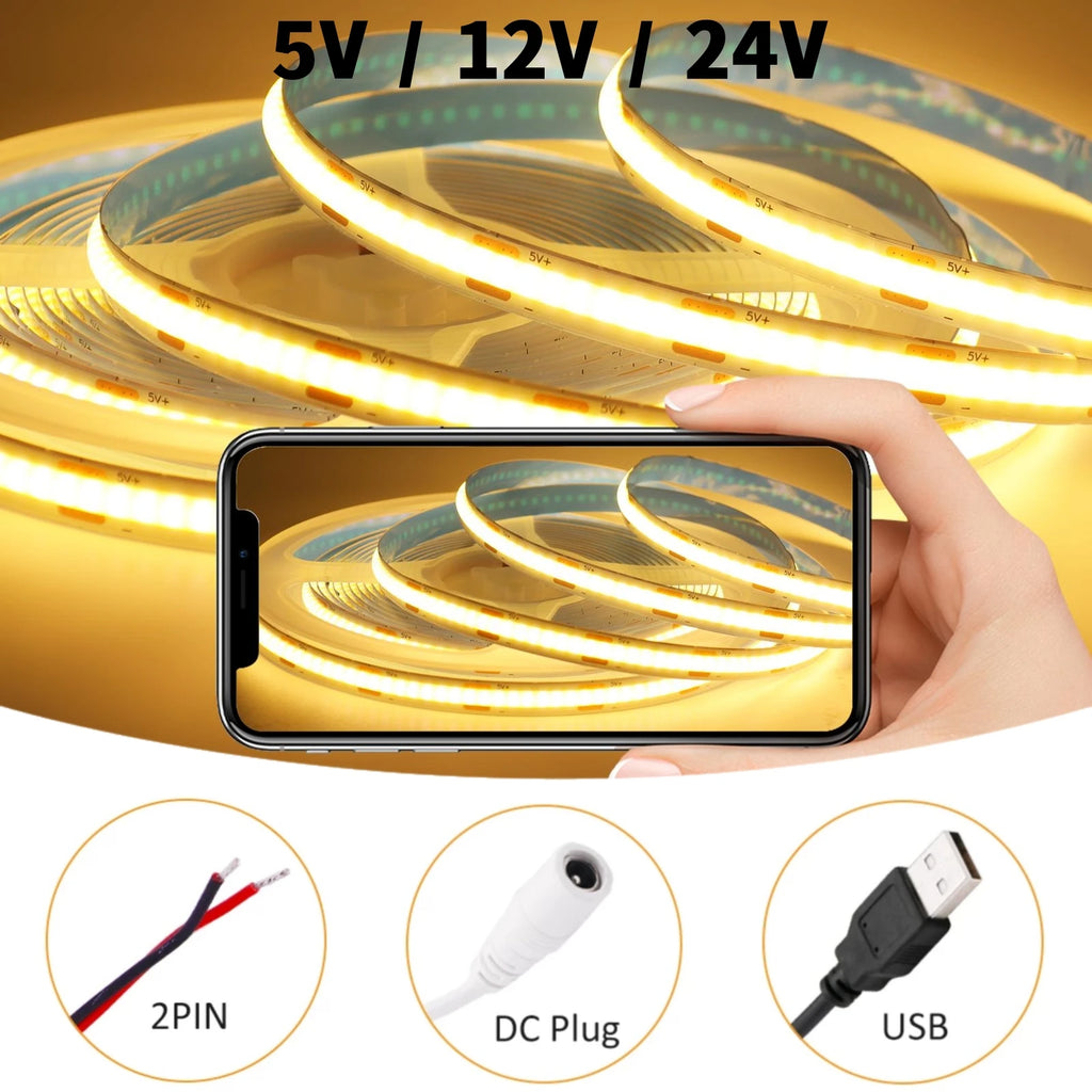 5V USB COB LED Strip with 2Pin Wire DC Plug 320leds/m Linear