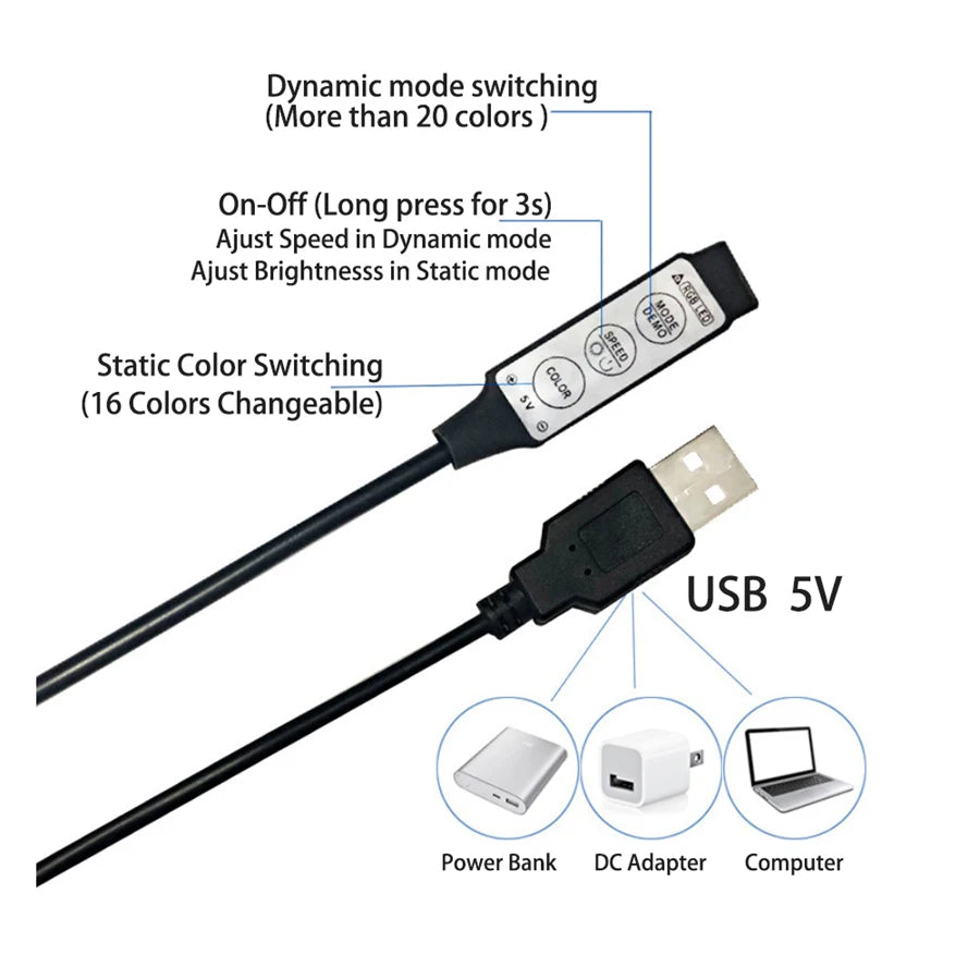 LED Strip Light 5050 Flexible Lamp Tape 3key Sound Sensor RG