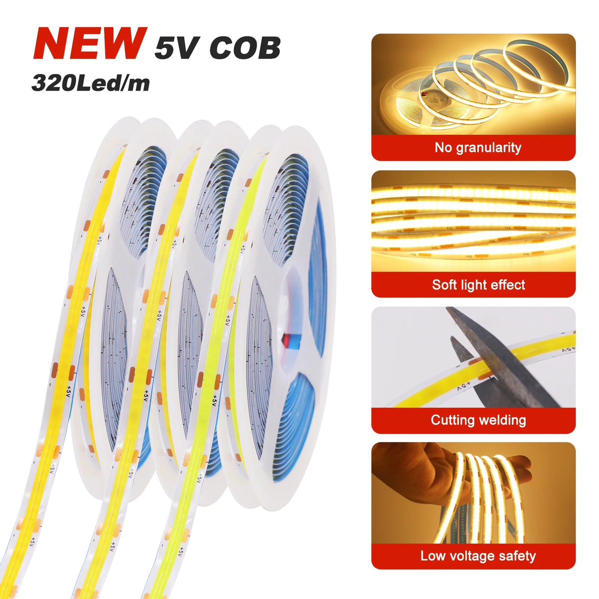 3AA Battery Box 5V COB Led Strip 8MM 320LEDs/M Warm Natural 