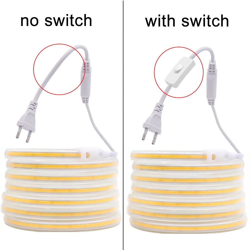 COB LED Strip 220V Switch ON/OFF with EU Plug 220V LED Strip