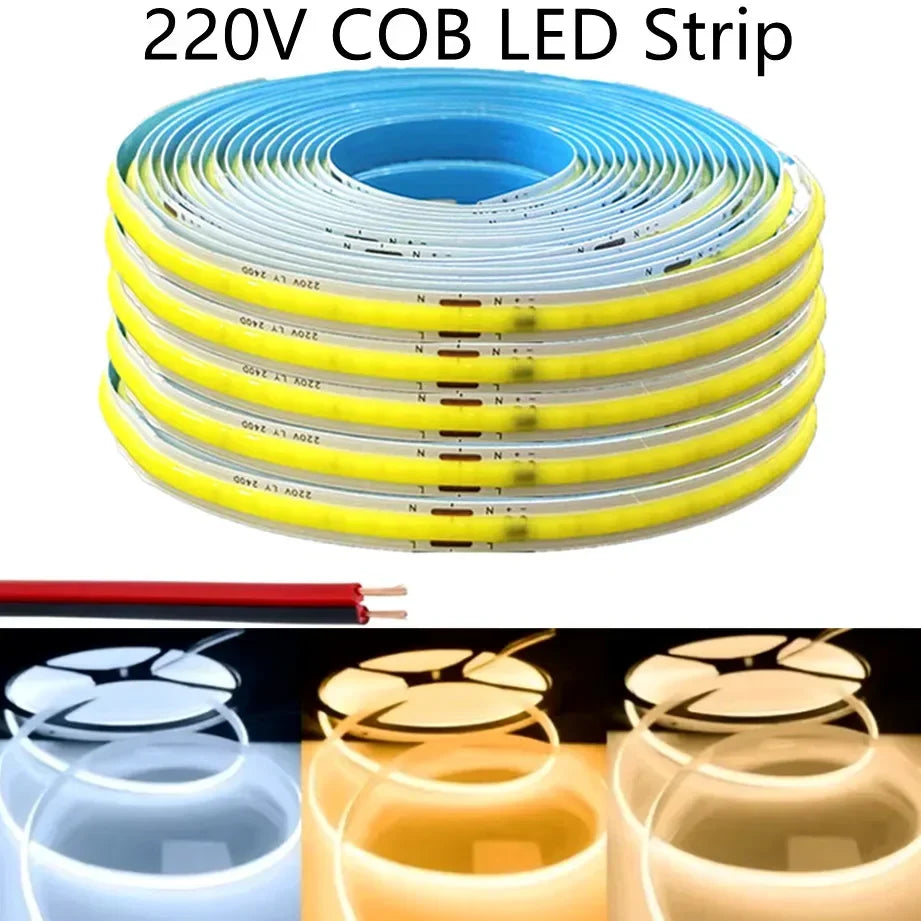 220V COB LED Strip 0.5M-10M Flexible Tape Light Smart IC No 