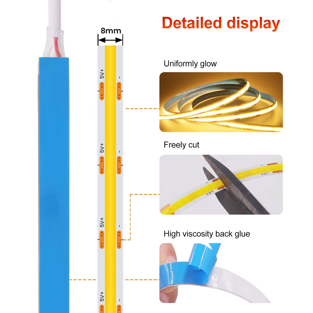 8MM COB Led Strip 5V with Motion Sensor Battery Powered 320L