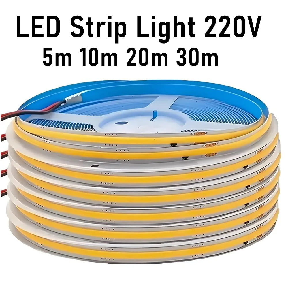 5m 10m 20m 30m COB LED Strip Light 220V Flex Tape Lamp with 