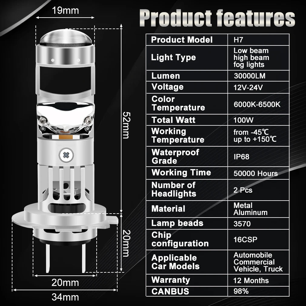 XSTORM H7 LED Projector Lens 100W 30000LM double Lens H7 Hea