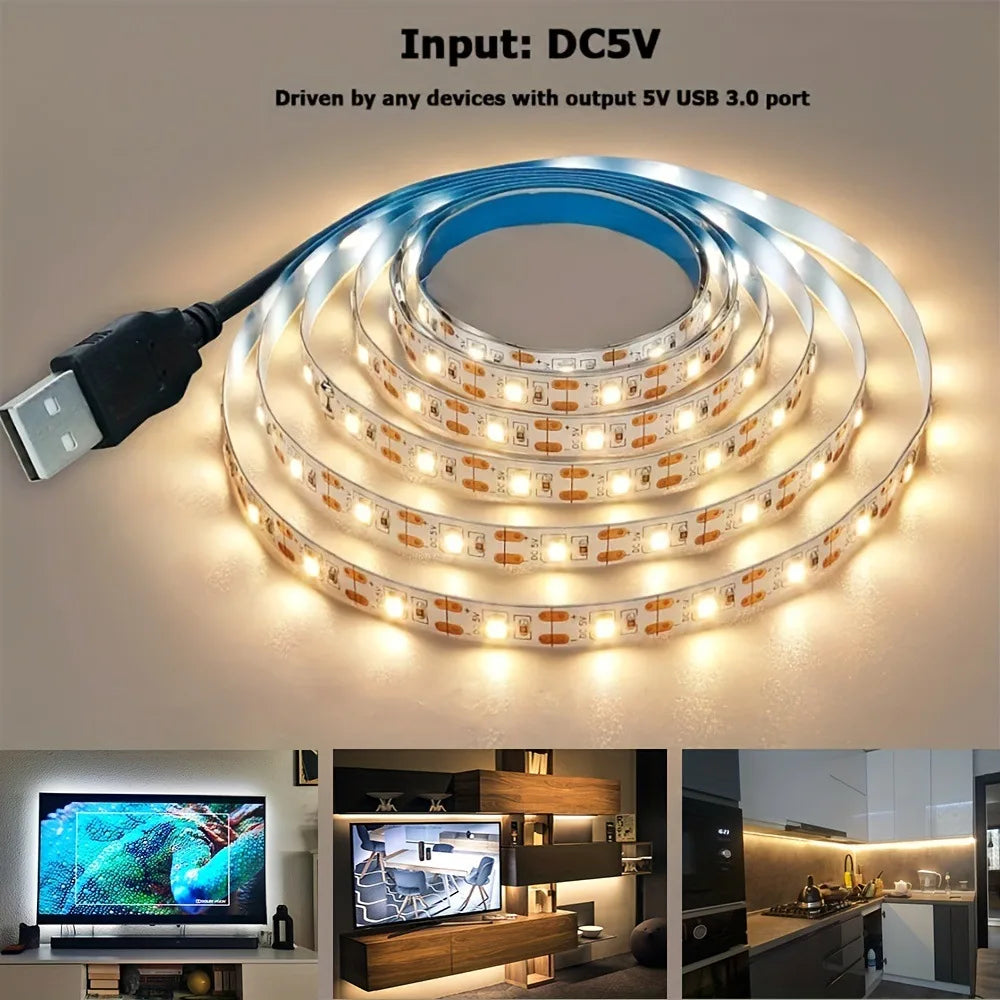 DC 5V USB LED Strip Lights - 2835 SMD Warm White/White Flexi