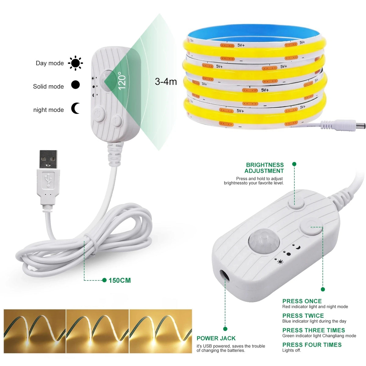COB LED Strip 8mm Motion Sensor USB/Battery Powered 5V 320LE