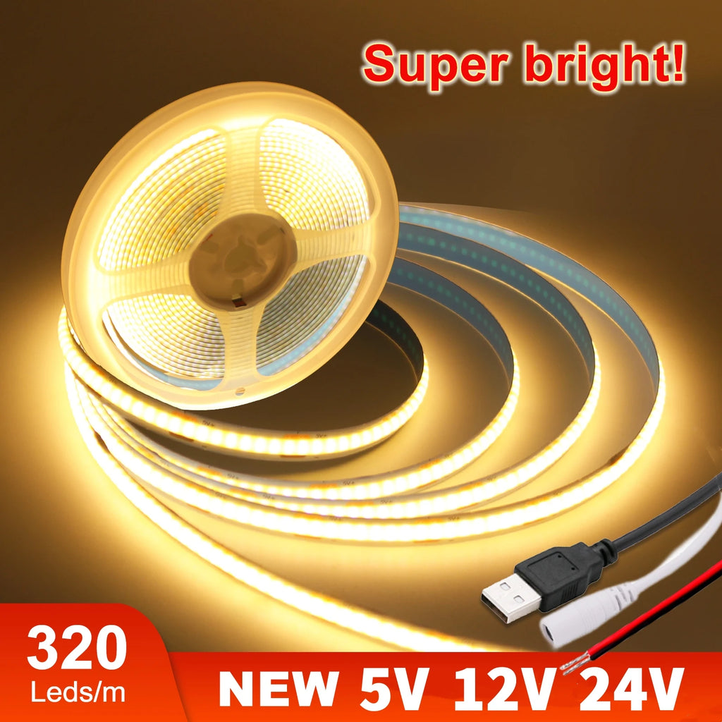 5V USB COB LED Strip with 2Pin Wire DC Plug 320leds/m Linear