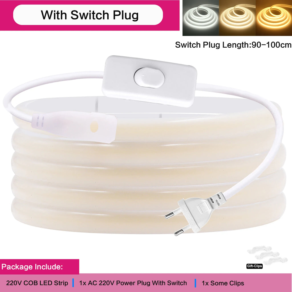 1-50M 220V COB LED Neon Strip Light IP67 Waterproof With Switch/Dimmer EU Plug White Natual Warm Flexible Ribbon Tape Room Decor