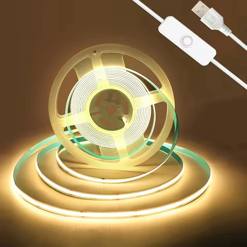 5V COB LED Strip Light Self-adhesive USB Flexible LED Tape with Switch High Density Linear Lighting for Kitchen Cabinet Bedroom