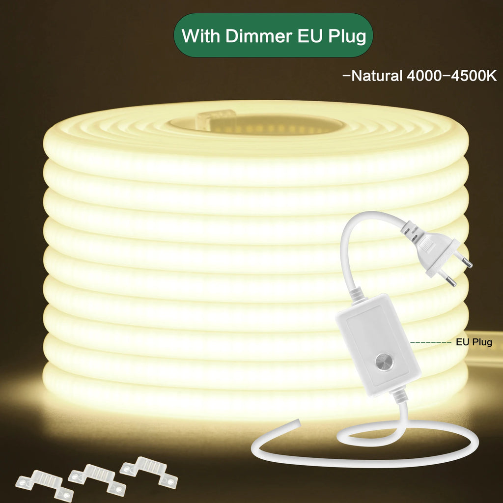 220V Dimmable COB LED Neon Strip Light With Switch/Dimmer Plug Waterproof 288Leds/M High Quality Neon Strip Garden Home Lighting