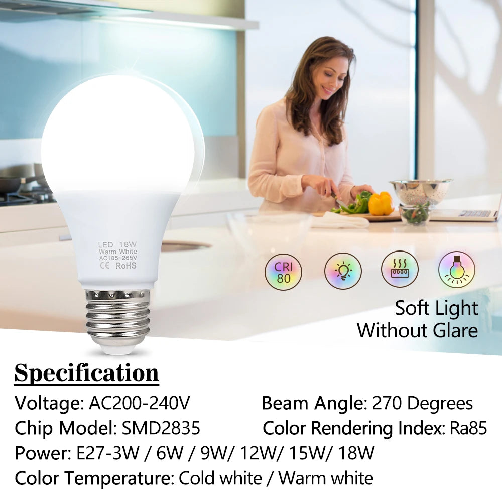 E27 LED Bulb Smart IC Energy Saving Light 220V-240V High Bri