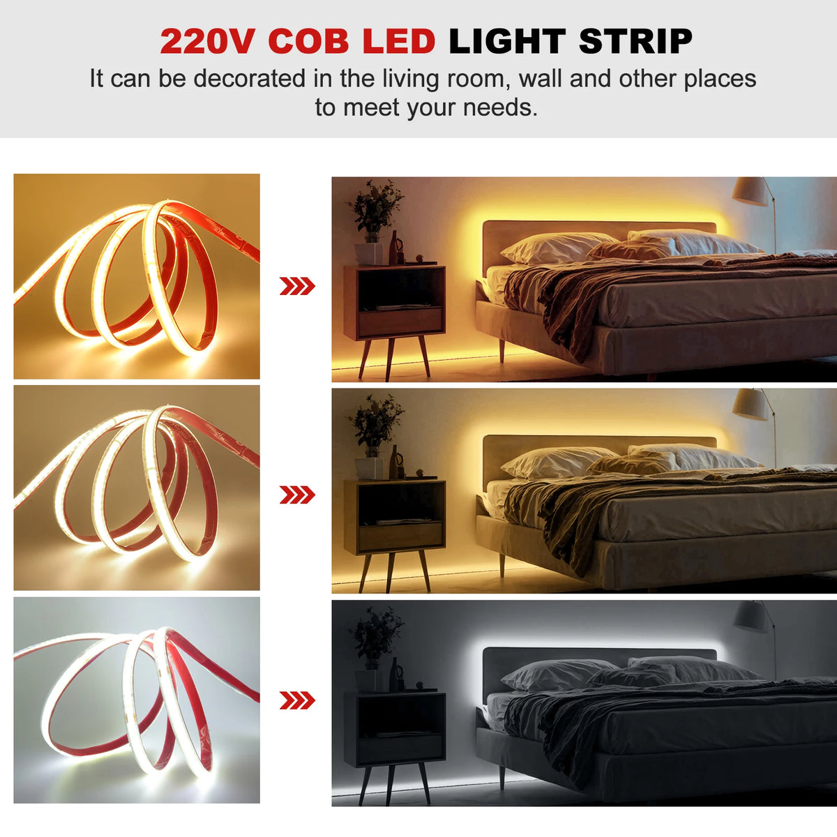 AC 220V COB Strip 240Leds/M IP65 Waterproof 3000K 4000K 6000