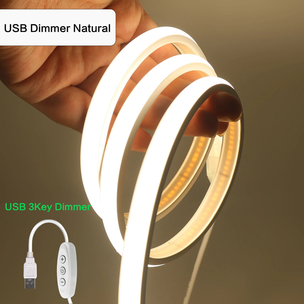 5V USB COB Neon LED Strip With Dimmer IP68 Waterproof 320LEDs/M White Natural Warm Neon Rope Light Indoor/Outdoor Linear Decor