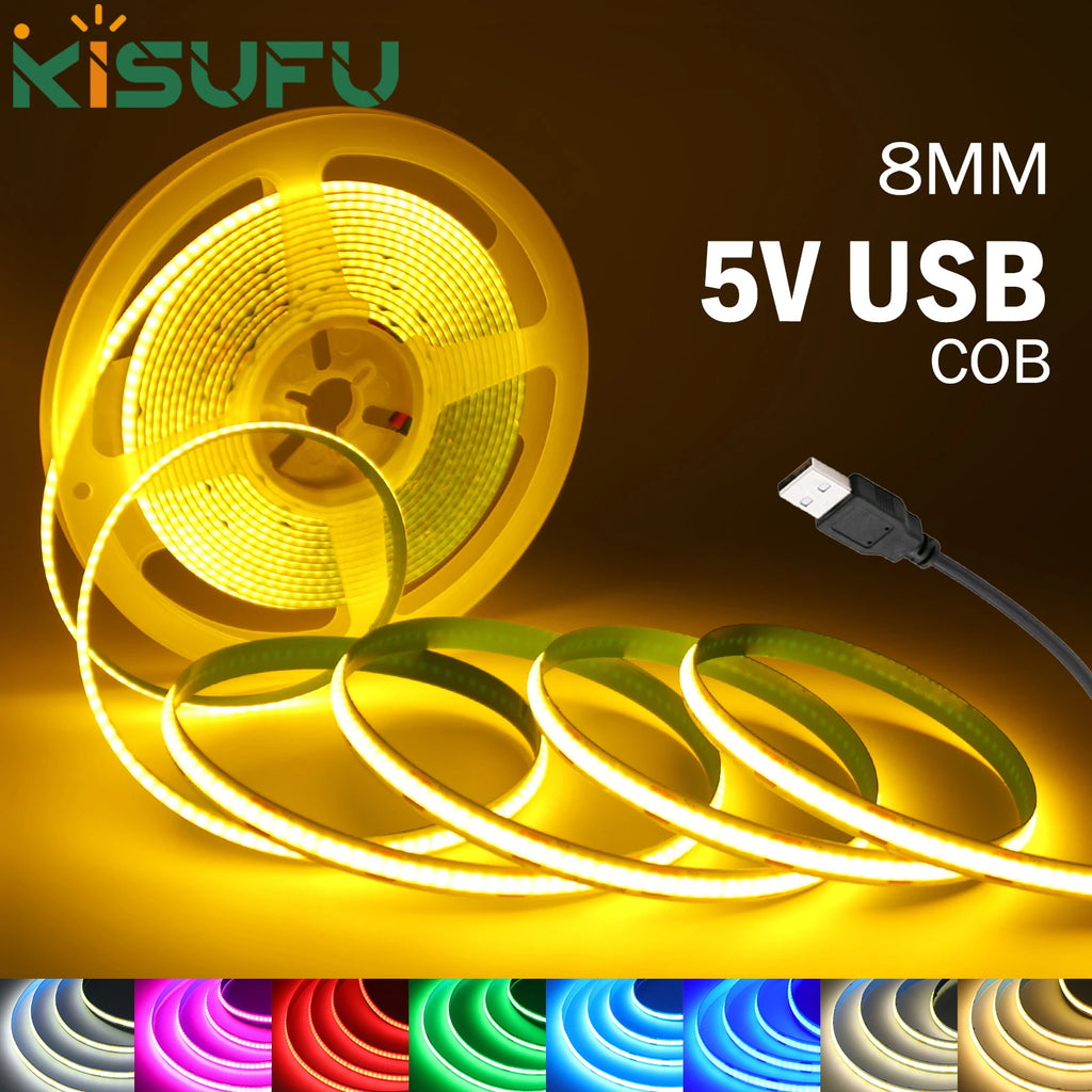 DC5V USB COB Led Strip Light White/Pink/Red/Yellow/Ice Blue/
