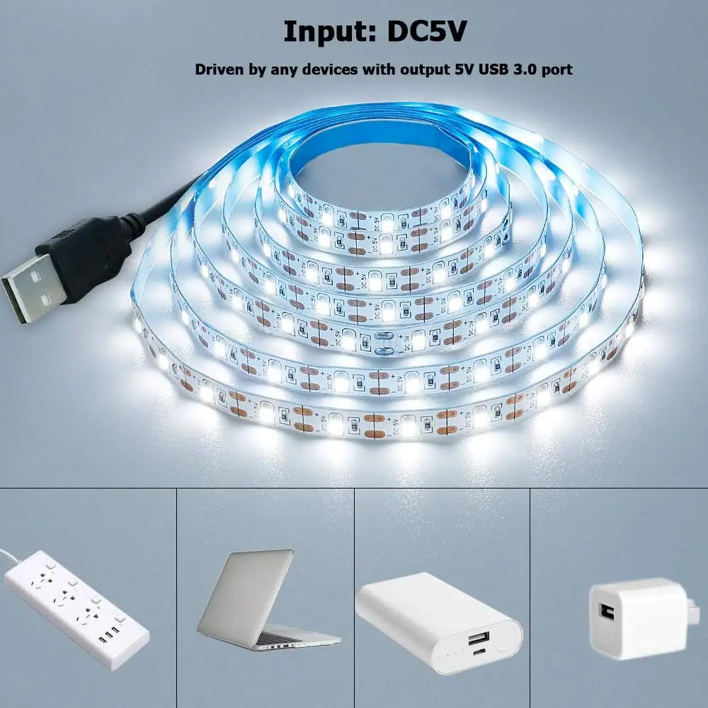 DC 5V USB LED Strip Lights - 2835 SMD Warm White/White Flexi