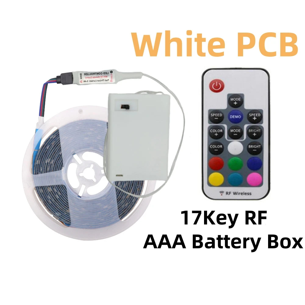 Battery Powed RGB LED Strip DC5V 5050 30LEDs/m IP21/IP65 With 3/17/24key IR RF Remote Ribbon Tape for TV Backlight Room Decor