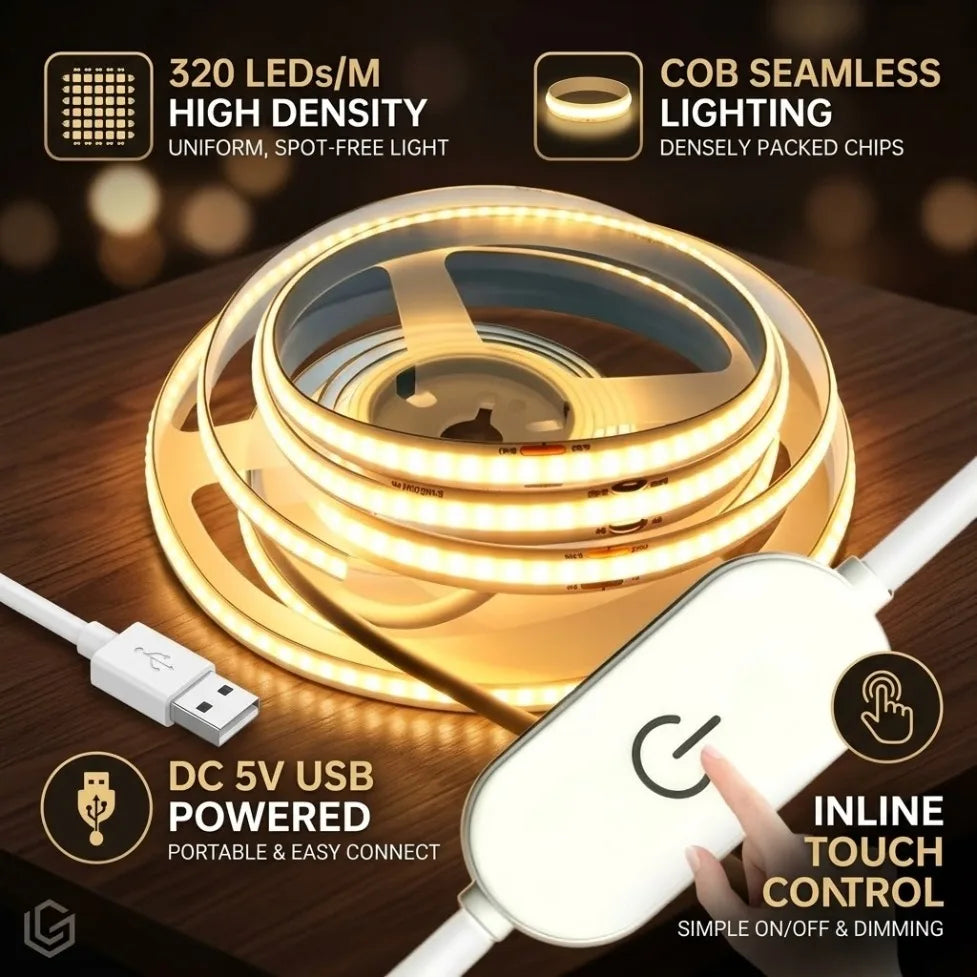 DC5V USB COB LED Strip 1-5M 320LEDs/M Touch Dimmer Flexible 