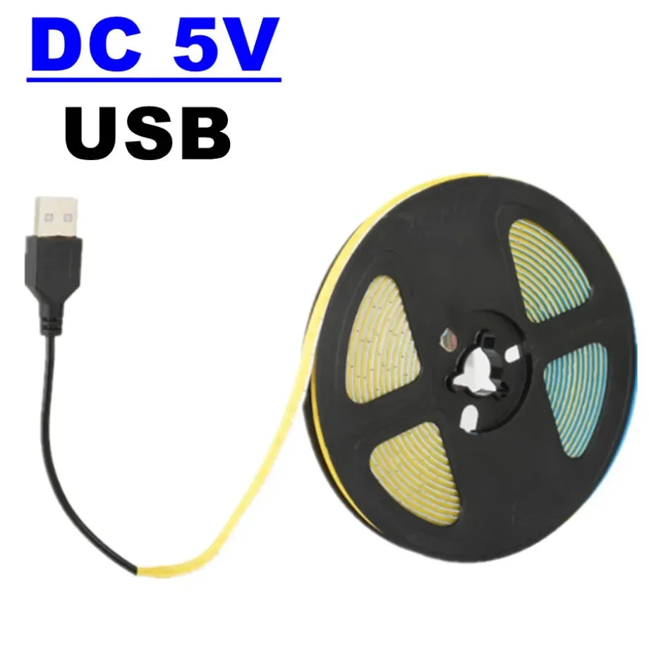 LED Strip DC 5V/12V USB COB 5mm 400Leds/M Flexible Ribbon Rope White Ice Blue Neutral Warm Night Lamp TV Backlight