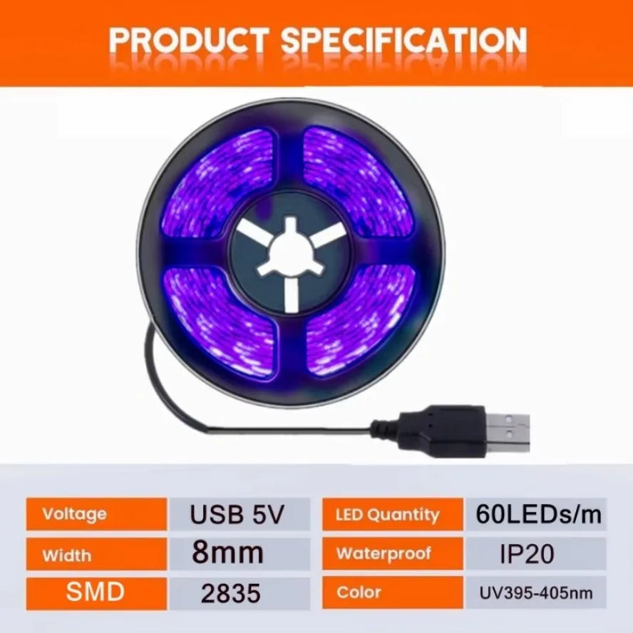 5V Flexible UV LED Strip Light 2835 SMD USB Purple Ultraviol