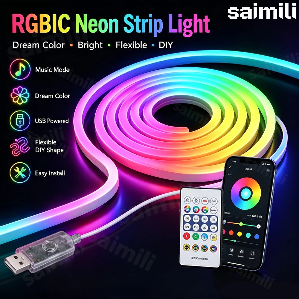 USB WS2812 RGBIC Neon LED Strip Bluetooth APP Control Music 