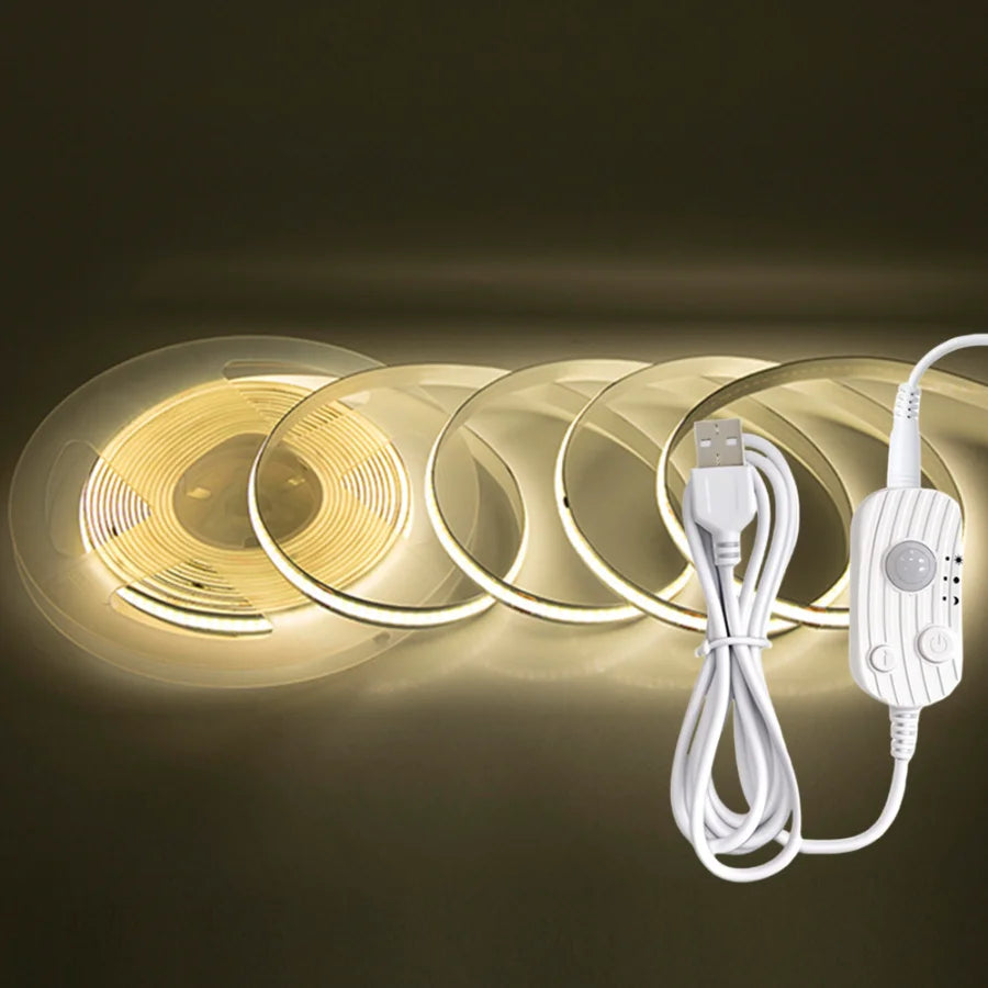 USB Motion Sensor 8mm COB LED Strip DC5V 3 Modes Dimmable Induction Night Light for Bedroom TV Backlight Kitchen Cupboard Decor