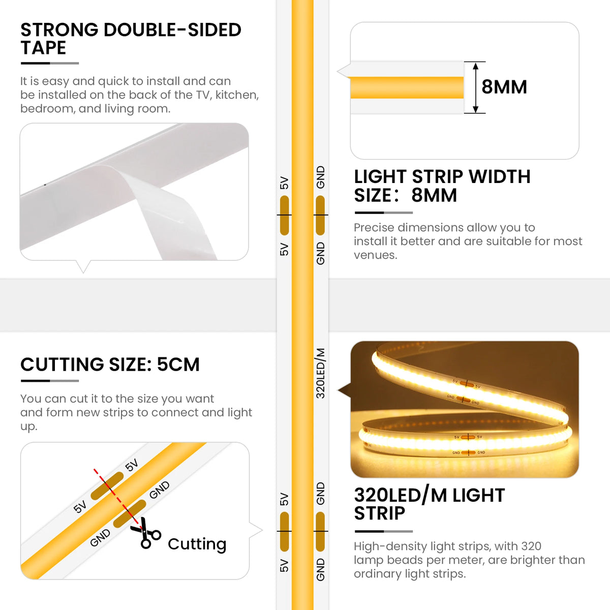 3AA Battery Box COB LED Strip 5V 8MM 320LEDs/m Warm Natural 