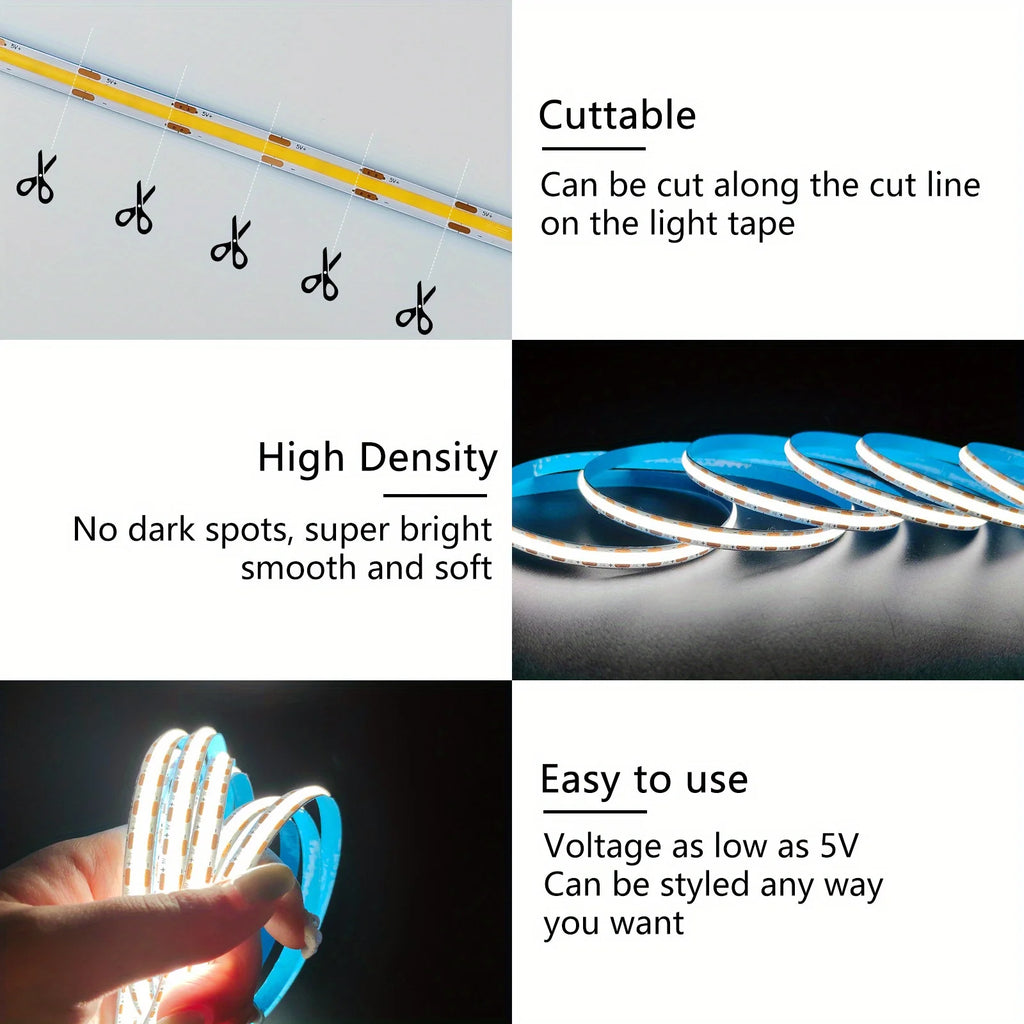 5V USB COB LED Light Strip Linear Touch Dimmable Flexible Di