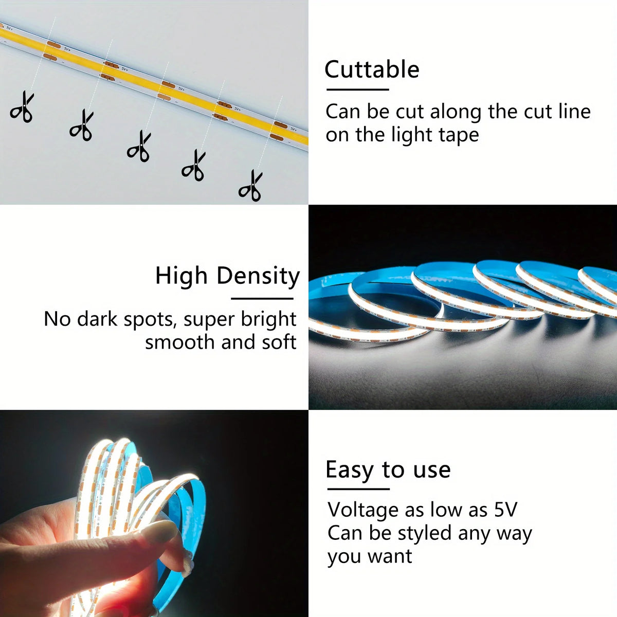 5V USB COB LED Light Strip Linear Touch Dimmable Flexible Di