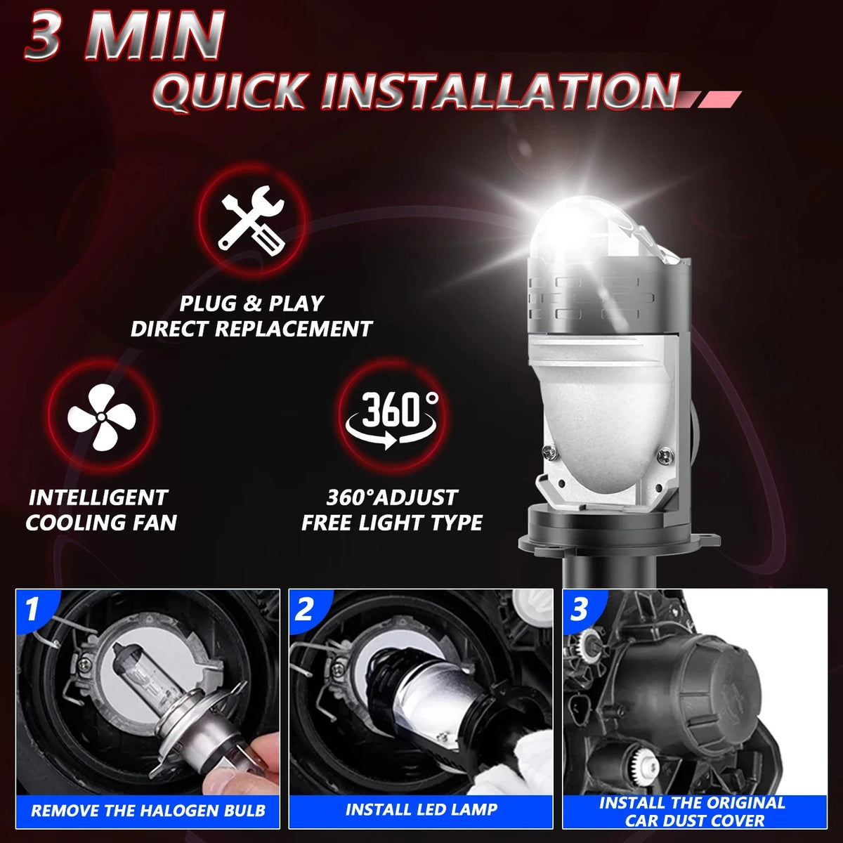 H4 Projector Lens LED Headlight Car Motorcycle 10000LM 100W 