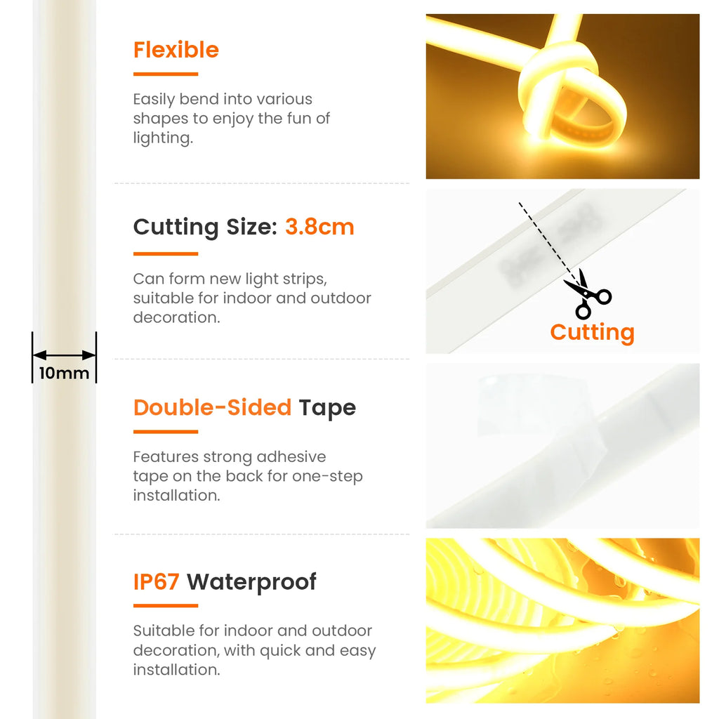 Waterproof Flexible COB Neon Light DC 12V 24V Milky White 30