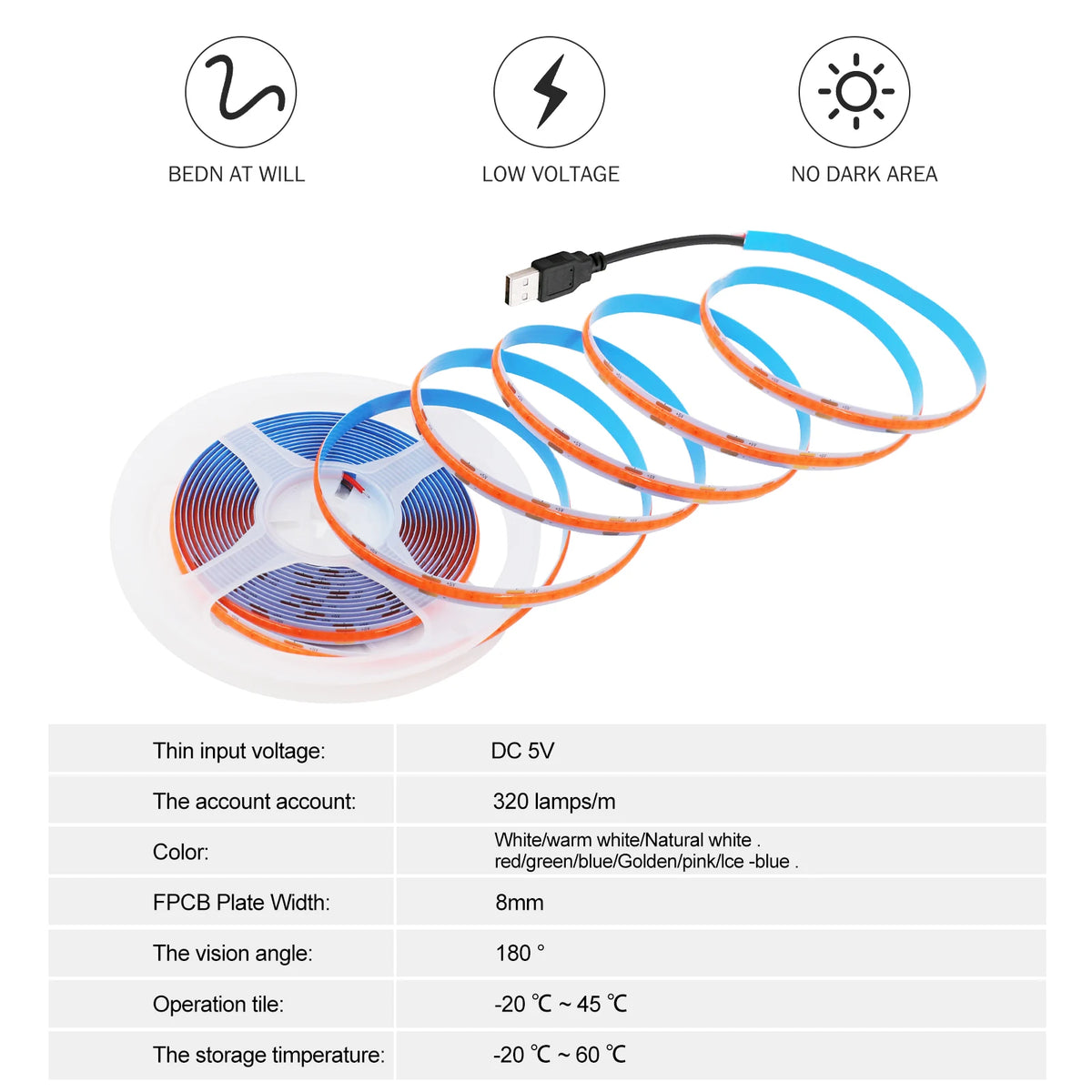 5V USB COB Led Strip Light 320LEDs/m Flexible Diode Tape Lin