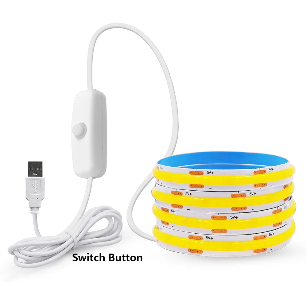 DC 5V COB LED Strip Light With USB 2PIN Wire DC Plug 8MM 320LED High Density Flexible Tape 3000K 4000K 6000K Warm Natural White