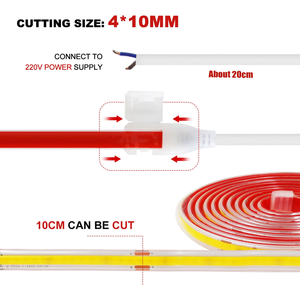 AC 220V COB Strip 240Leds/M IP65 Waterproof 3000K 4000K 6000