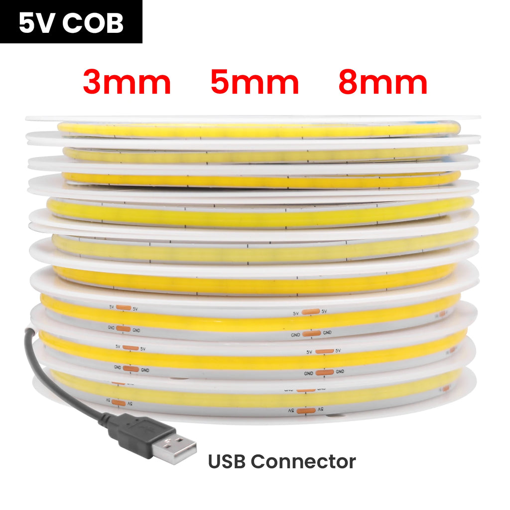DC 5V USB COB Strip 3MM 5MM 8MM White/Pink/Red/White/Yellow/