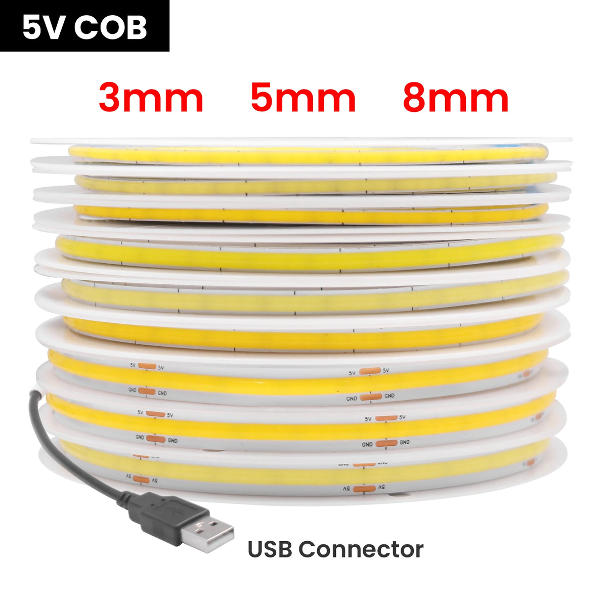 DC 5V USB COB Strip 3MM 5MM 8MM White/Pink/Red/White/Yellow/