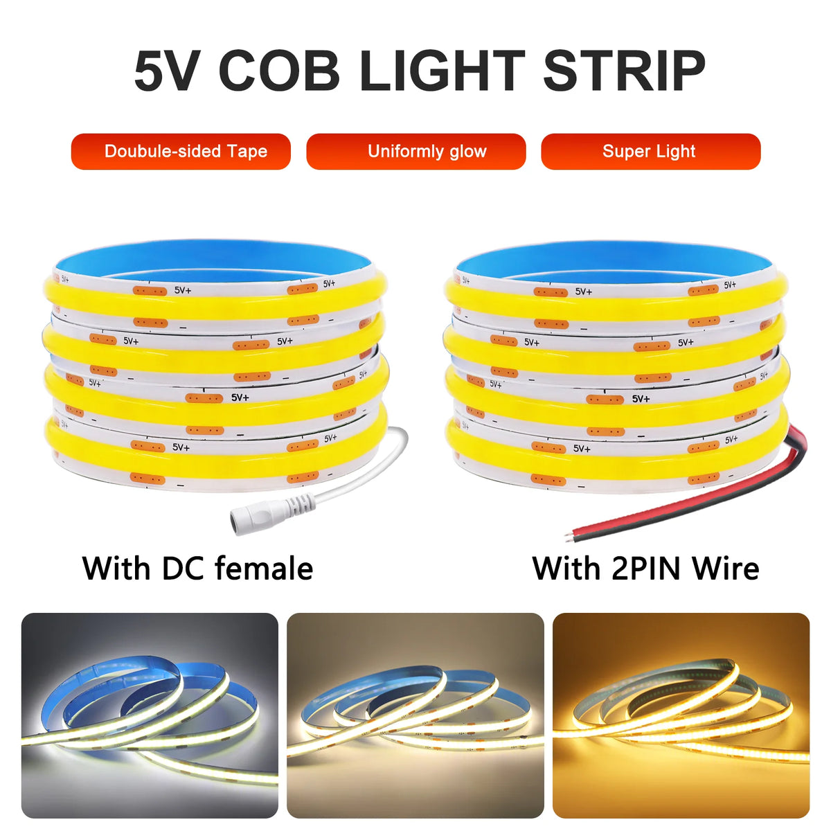 5V COB LED Strip Light 320LEDs/M Touch Sensor Dimmable USB F