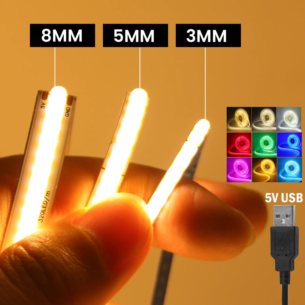5V USB COB Led Strip Light 320 Leds/M White/Red/Green/Blue/I