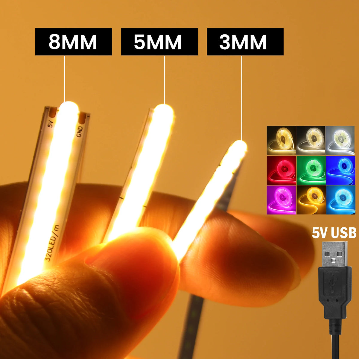 5V USB COB Led Strip Light 320 Leds/M White/Red/Green/Blue/I