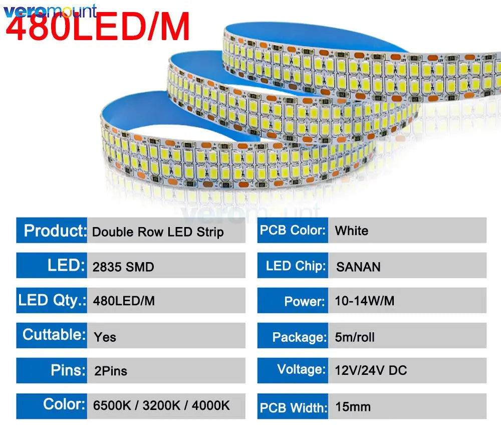 5m Double Row 2835 Flexible LED Strip 240leds/m 480leds/m Co