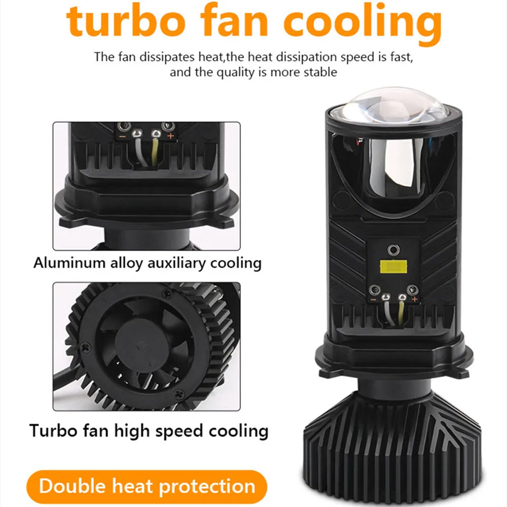Y6 Turbo Fan H4 LED Headlights Car H4 Mini Projector Lens 60