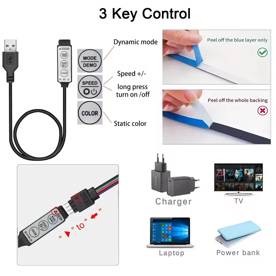 RGB 5050 Led Lights for TV 3 Key Control Led Strip USB 5V Ta