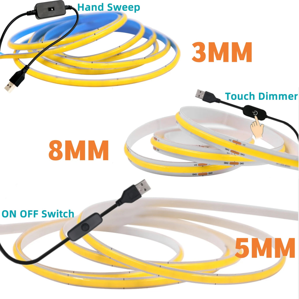 USB Dimmable COB LED Strip Light 3MM 5MM 8MM RA90 High Densi