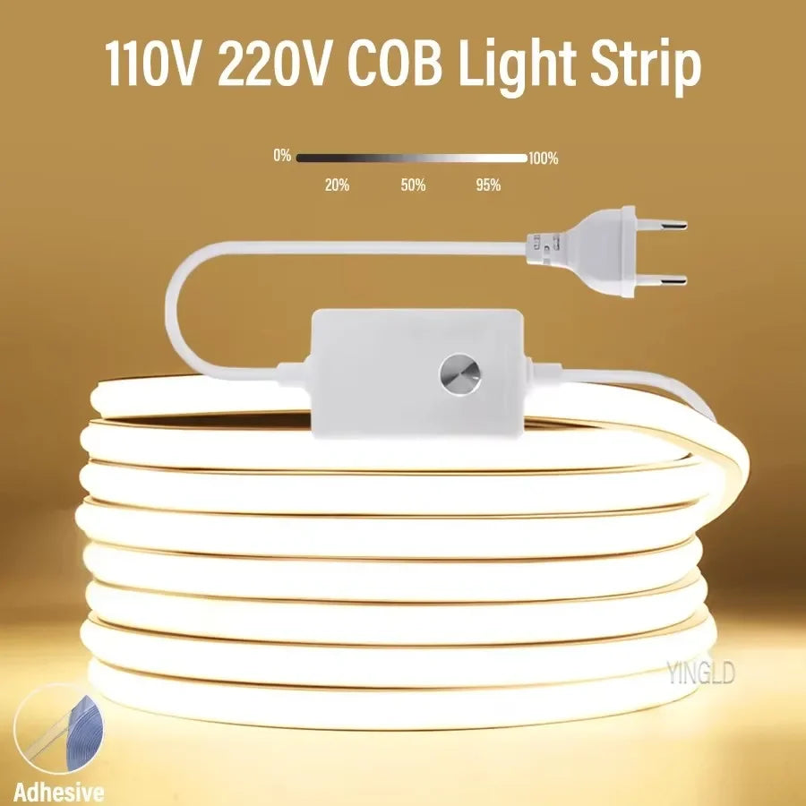220V COB LED Strip Light High Bright Switch/Dimmable US 110V EU Plug Neon Tape Kitchen Cabinet Lighting Waterproof Garden