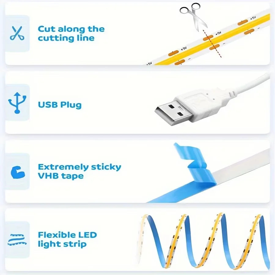 1M-5M USB LED Strip Light 5V 320LEDs/M COB Touch Sensor Dimm