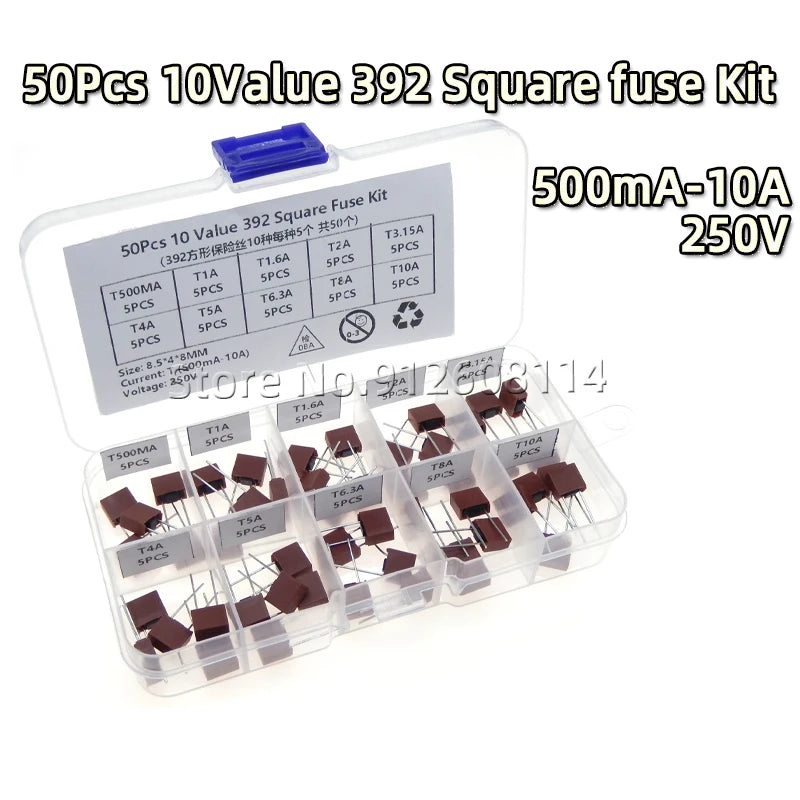 50/100PCS 392 Square Plastic Fuse Assortment Kit T500mA-T10A