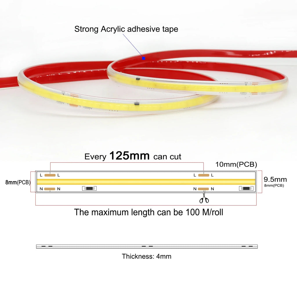 AC 220V IP67 Waterproof COB LED Strip Light Dimmable 5M 10M 