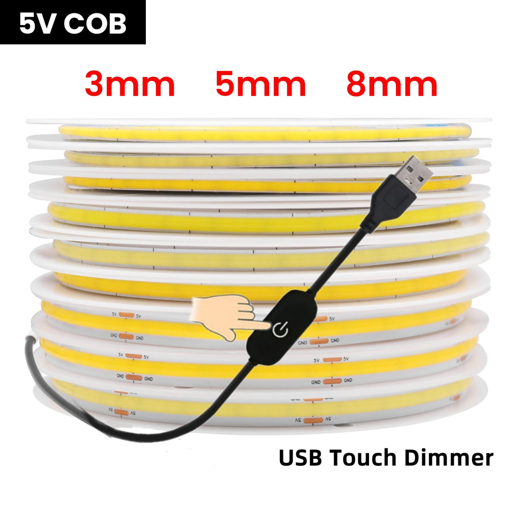USB Dimmable COB LED Strip Light 3MM 5MM 8MM RA90 High Density 320LEDs/M 3000K 4000K 6500K FOB Flexible Ribbon Tape Rope Lamp