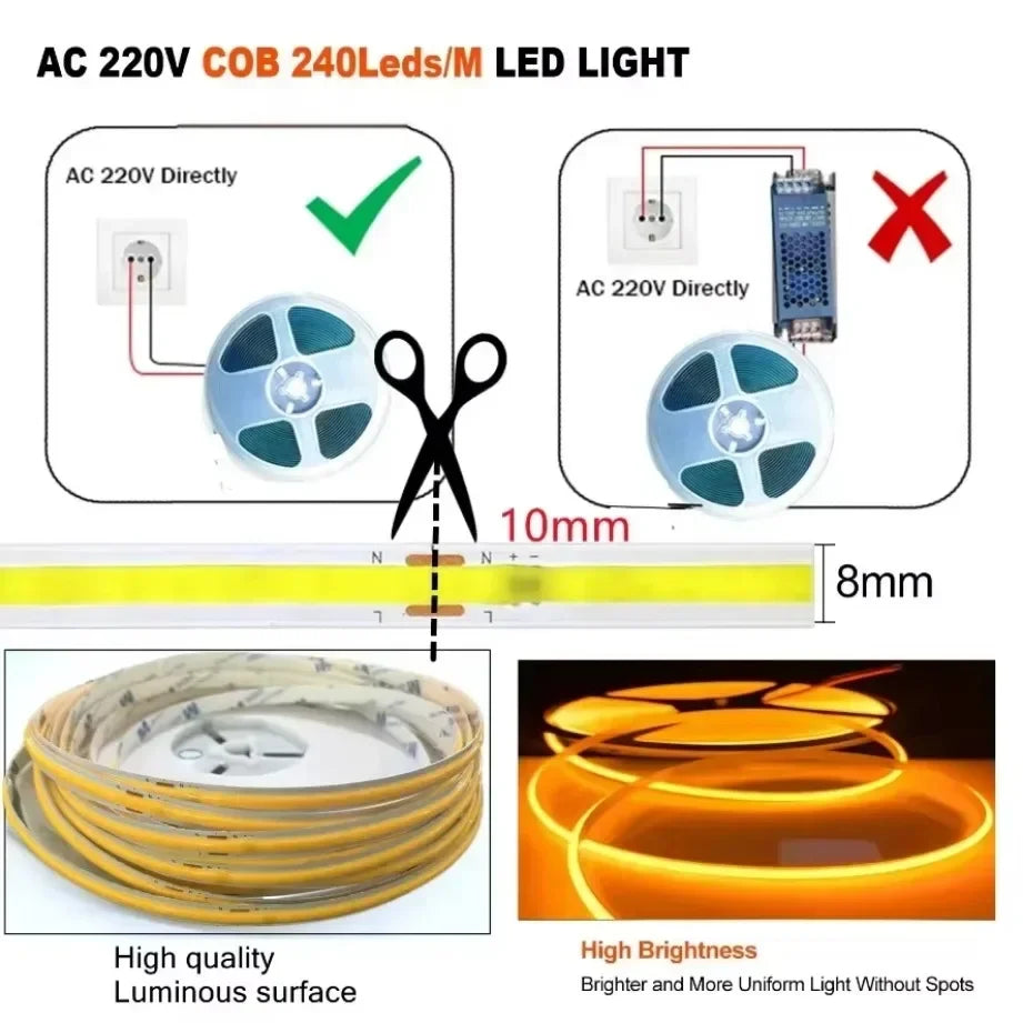 220V COB LED Strip 0.5M-10M Flexible Tape Light Smart IC No 