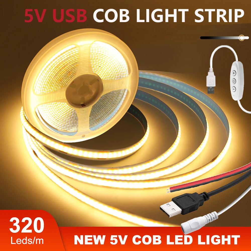 DC 5V COB LED Strip Light With USB 2PIN Wire DC Plug 8MM 320