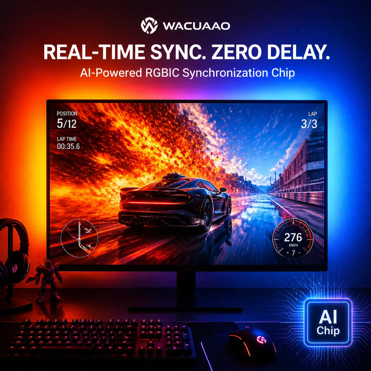 WACUAAO 360 4-Side PC Monitor Backlight - RGBIC Screen Mirro